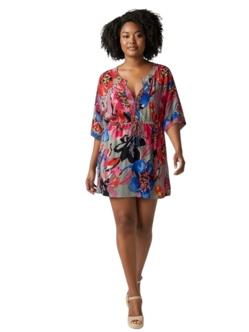 ST. JOHN Silk Blend Embellished Floral Multicolor Swim Cover-up Size Petite - Picture 2 of 10